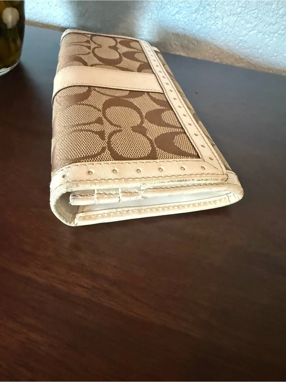 Coach Signature C Canvas in Brown and Tan with Cream Leather Trim Long Wallet